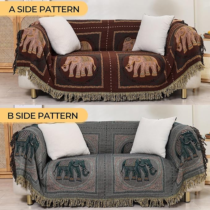 CozyNest Decor boho cotton throw blanket with tassels, elephant print, large 60x80-inch rustic bed and sofa blanket in brown.