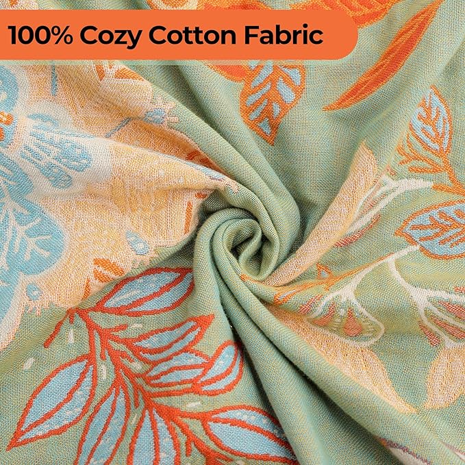 CozyNest Decor boho fall throw blanket for bed, 60x80 inches, orange and sage green floral design, ultra-soft breathable cotton.