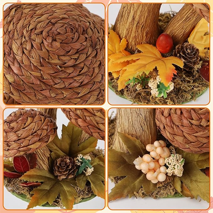 Handmade woven mushroom figurines by CozyNest Decor, rustic fall decor for farmhouse tables, shelves, and Thanksgiving celebrations.
