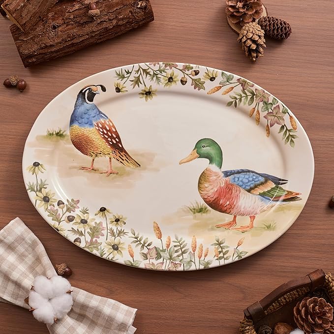CozyNest Decor Bico Autumn Birds 16 and 14-inch oval platters set for serving fish, chicken, and turkey, microwave and dishwasher safe