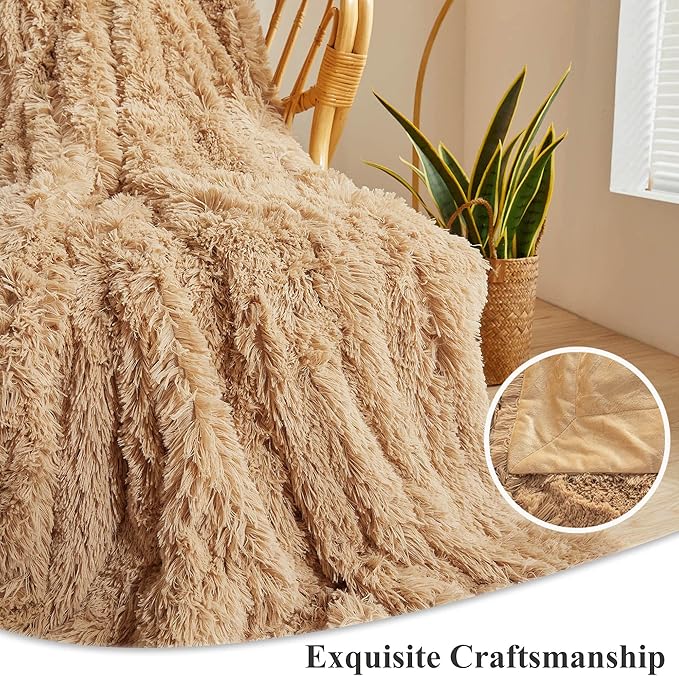CozyNest Decor XeGe plush faux fur throw blanket in camel, 50x60 inches, fluffy microfiber velvet for sofa or bed, ultra-soft and warm.