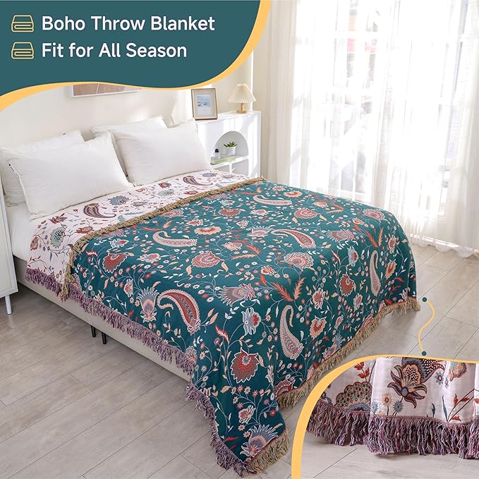 CozyNest Decor boho large cotton throw blanket with tassels, ultra-soft rustic quilt, lightweight for sofa, bed, or travel decor.