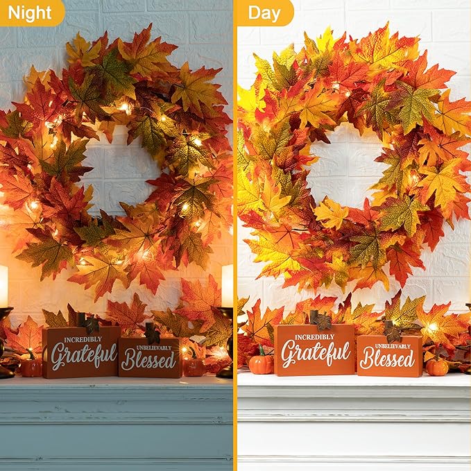 CozyNest Decor 24-inch pre-lit fall wreath with maple leaves, lighted autumn wreath for front door, includes timer for seasonal decorating