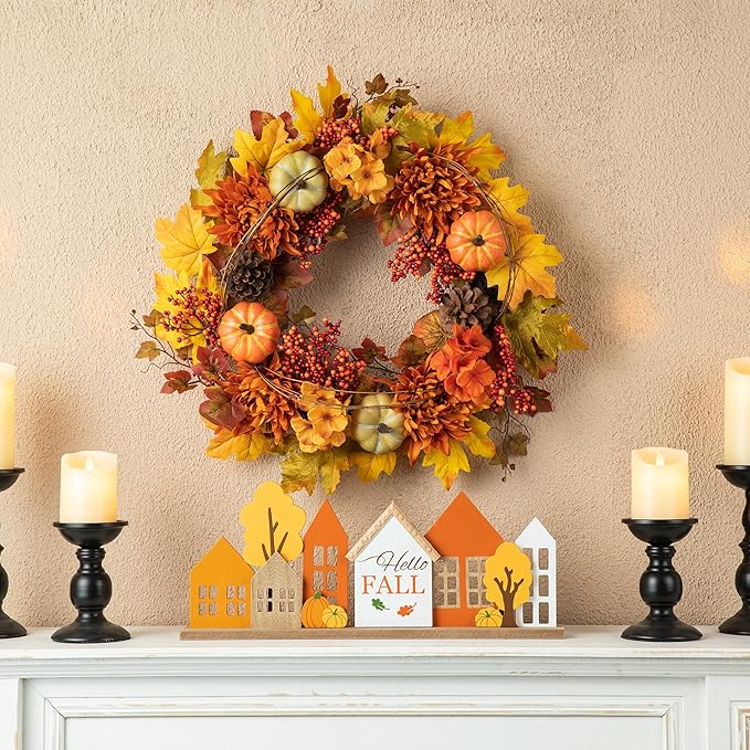 CozyNest Decor 24-inch artificial fall wreath with autumn maple leaves, dahlias, pumpkin, berries, perfect for Thanksgiving and Halloween decor.