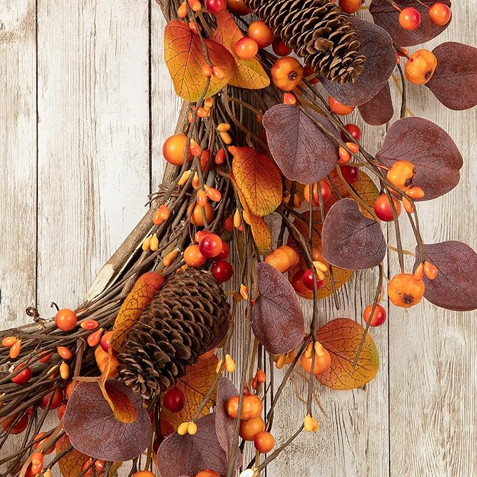 CozyNest Decor 22-inch fall eucalyptus berry wreath with rustic accents, perfect for front door or wall autumn decor.