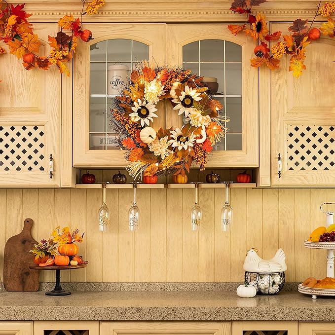 CozyNest Decor 20-inch fall wreath with maple leaves, white pumpkin, daisies, and sunflowers for front door and porch decor