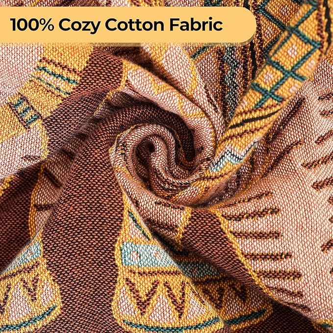 CozyNest Decor boho cotton throw blanket with tassels, elephant print, large 60x80 inches, ideal for bed, sofa or chair, rustic style.