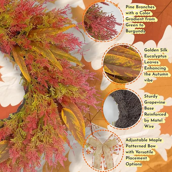 Cyanbloom 24-inch cedar fall wreath with burlap bow from CozyNest Decor, weatherproof outdoor porch decor for autumn and holiday seasons