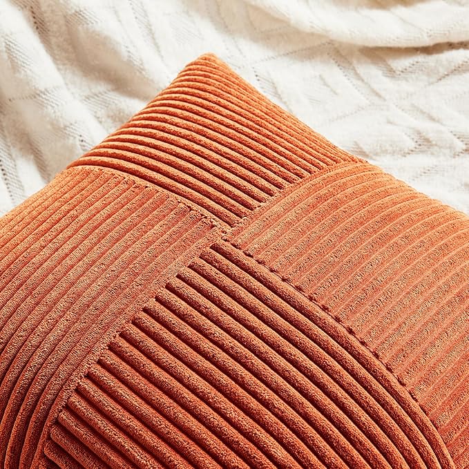 Set of 2 burnt orange lumbar throw pillow covers with corduroy texture for living room or bed, boho farmhouse style, 14x24 inches.