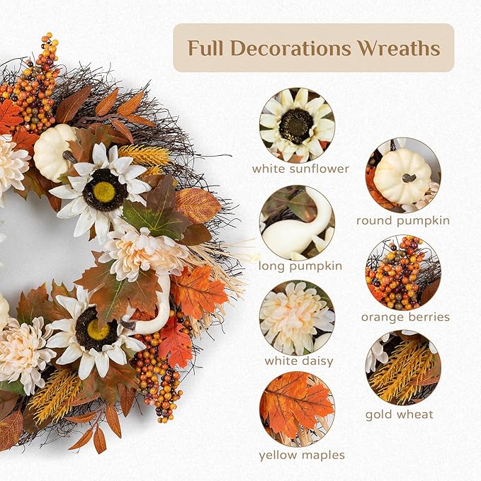 Fall wreath for front door by CozyNest Decor featuring maple leaves, white pumpkin, daisies, sunflowers, and autumn harvest accents.