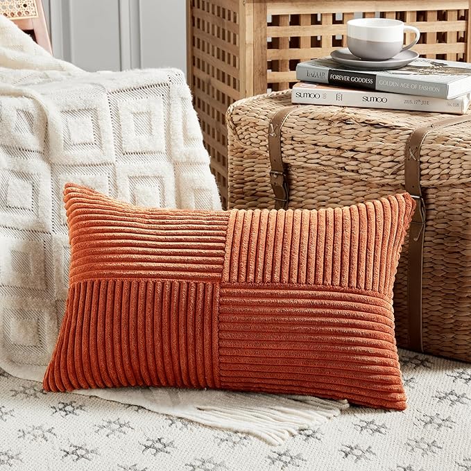 Set of 2 burnt orange lumbar throw pillow covers with corduroy texture, ideal for living room or bed decor, CozyNest Decor.