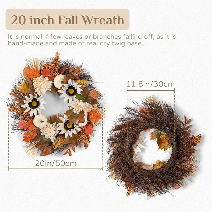 CozyNest Decor 20-inch fall wreath with maple leaves, white pumpkin, daisies, and sunflowers for front door and porch autumn decor