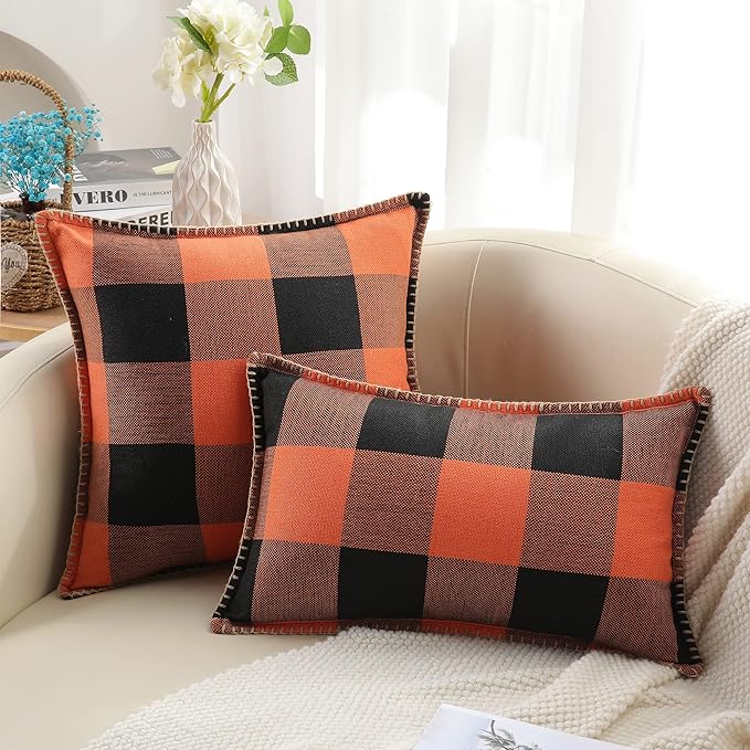 CozyNest Decor fall orange and black buffalo plaid throw pillow covers, 18x18 inches, farmhouse cushion covers with stitched edges.