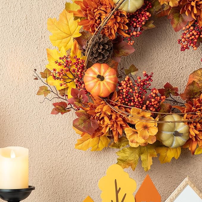 CozyNest Decor 24-inch artificial fall wreath with autumn maple leaves, dahlias, pumpkins, berries, perfect for front door autumn decor