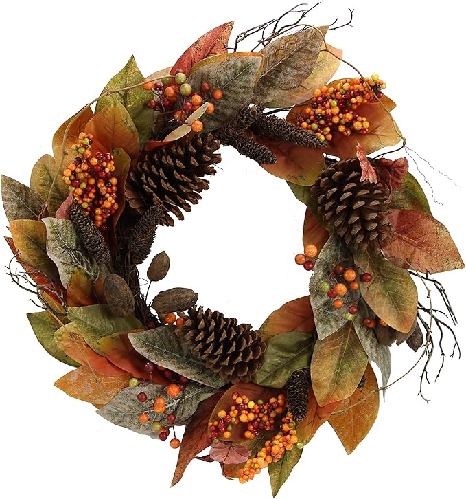 CozyNest Decor 24-inch artificial fall magnolia leaf vine wreath with orange leaves, berries, and pinecones for door or wall decor.