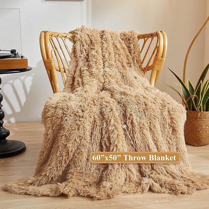 CozyNest Decor XeGe plush faux fur throw blanket in camel, 50x60 inches, soft shaggy microfiber for sofa or bed.