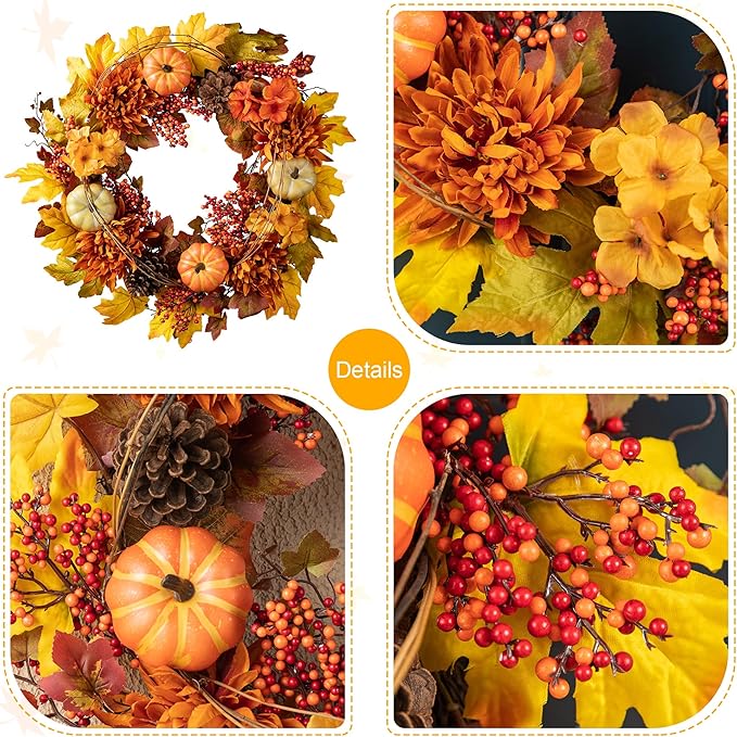 CozyNest Decor 24-inch artificial fall wreath with autumn maple leaves, dahlias, pumpkins, berries, perfect for front door harvest decor