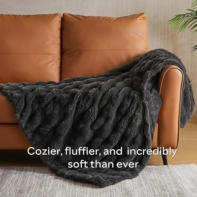 Dark grey Faux Fur Throw Blanket by CozyNest Decor, plush and cozy, 50x60 inches, thick and warm for bed or sofa comfort.