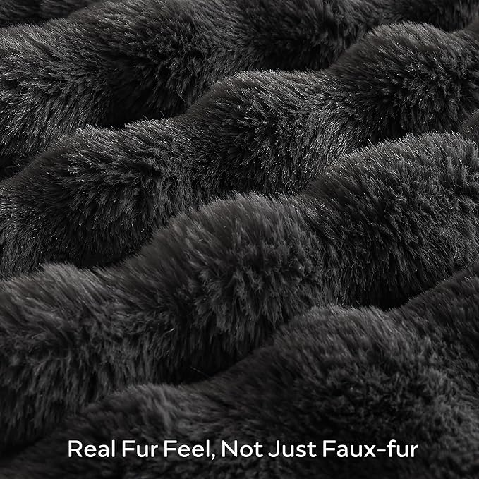 Dark grey faux fur throw blanket by CozyNest Decor, plush and warm, 50x60 inches, perfect for cozy beds or lounges.