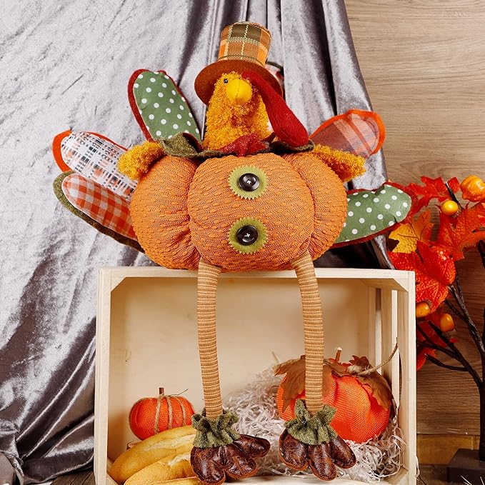 CozyNest Decor plush turkey figurine, 31.5" x 18.5", handmade stuffed sitting turkey for Thanksgiving fall tabletop decor.