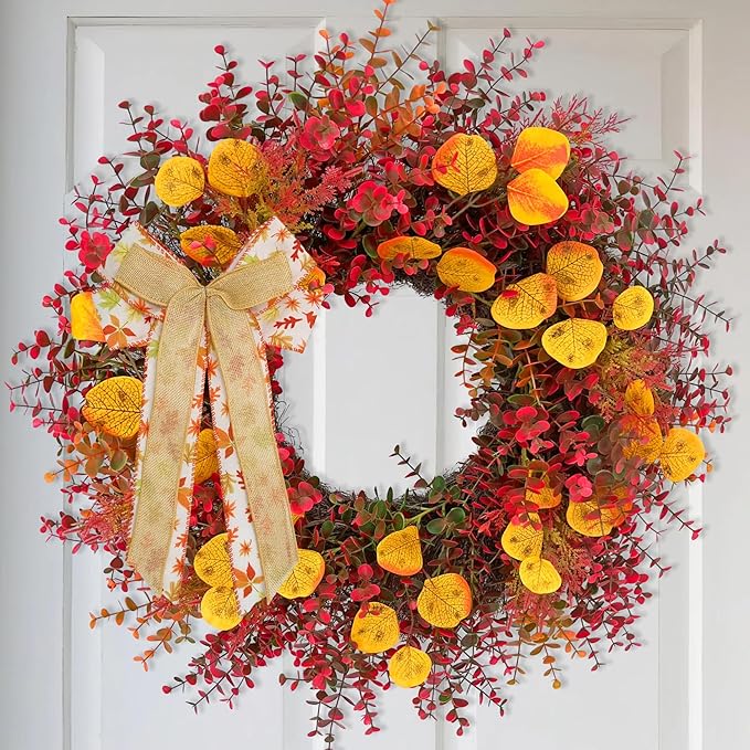 Large 24-inch Burgundy boxwood eucalyptus wreath with maple bow, rustic farmhouse style for fall outdoor or indoor decor.