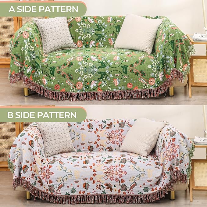 CozyNest Decor boho cotton throw blanket with floral and animal prints, large rustic quilt for bed, sofa, or chair, 90x98 inches.