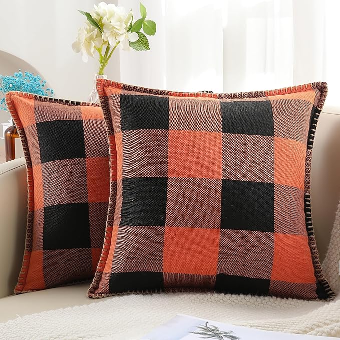 CozyNest Decor fall orange and black buffalo plaid throw pillow covers, 18x18 inches, with stitched edges for autumn farmhouse decor.
