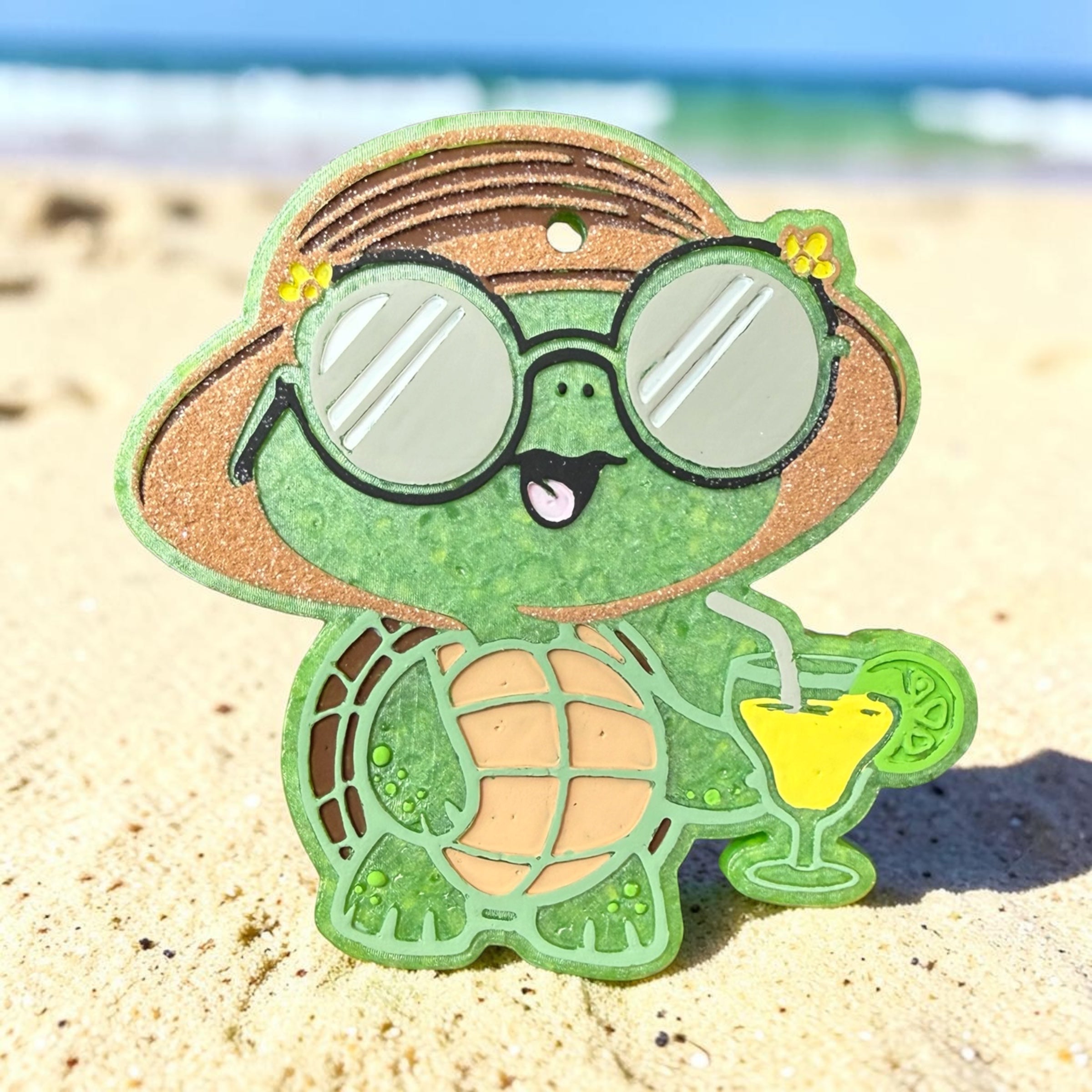 On Turtle Time Freshie air freshener by Bug & Bean Freshies featuring a cute turtle design in a clear container.
