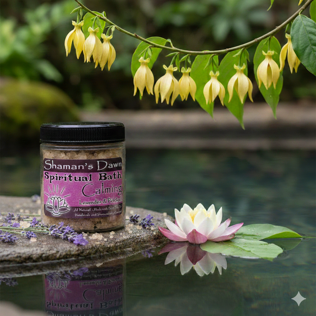 Calming spiritual bath with Dead Sea salt from Shamans Dawn, featuring a relaxing setting with candles and natural elements.