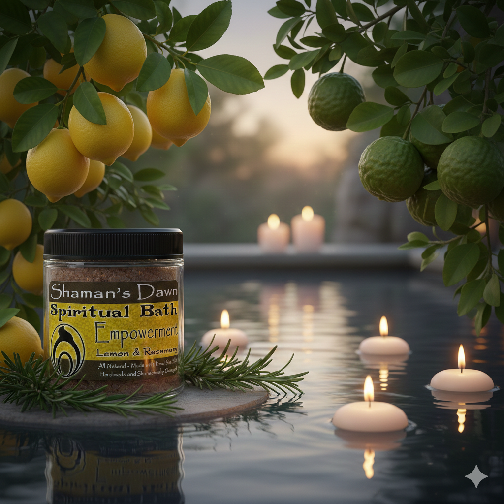 Shamans Dawn Empowerment spiritual bath with Dead Sea salt in a relaxing bath scene for rejuvenation and self-care.