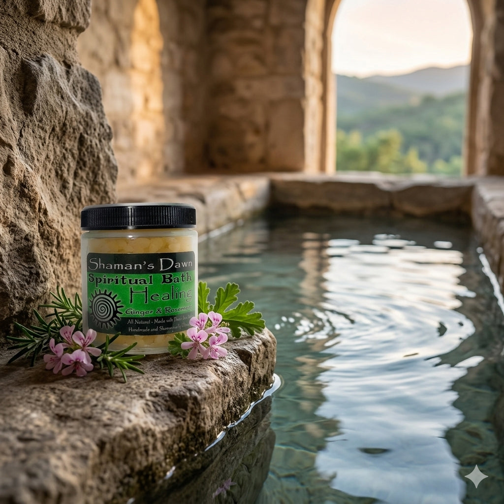 Relaxing bath with Dead Sea salt from Shamans Dawn, featuring healing spiritual and therapeutic benefits in a calming setting.