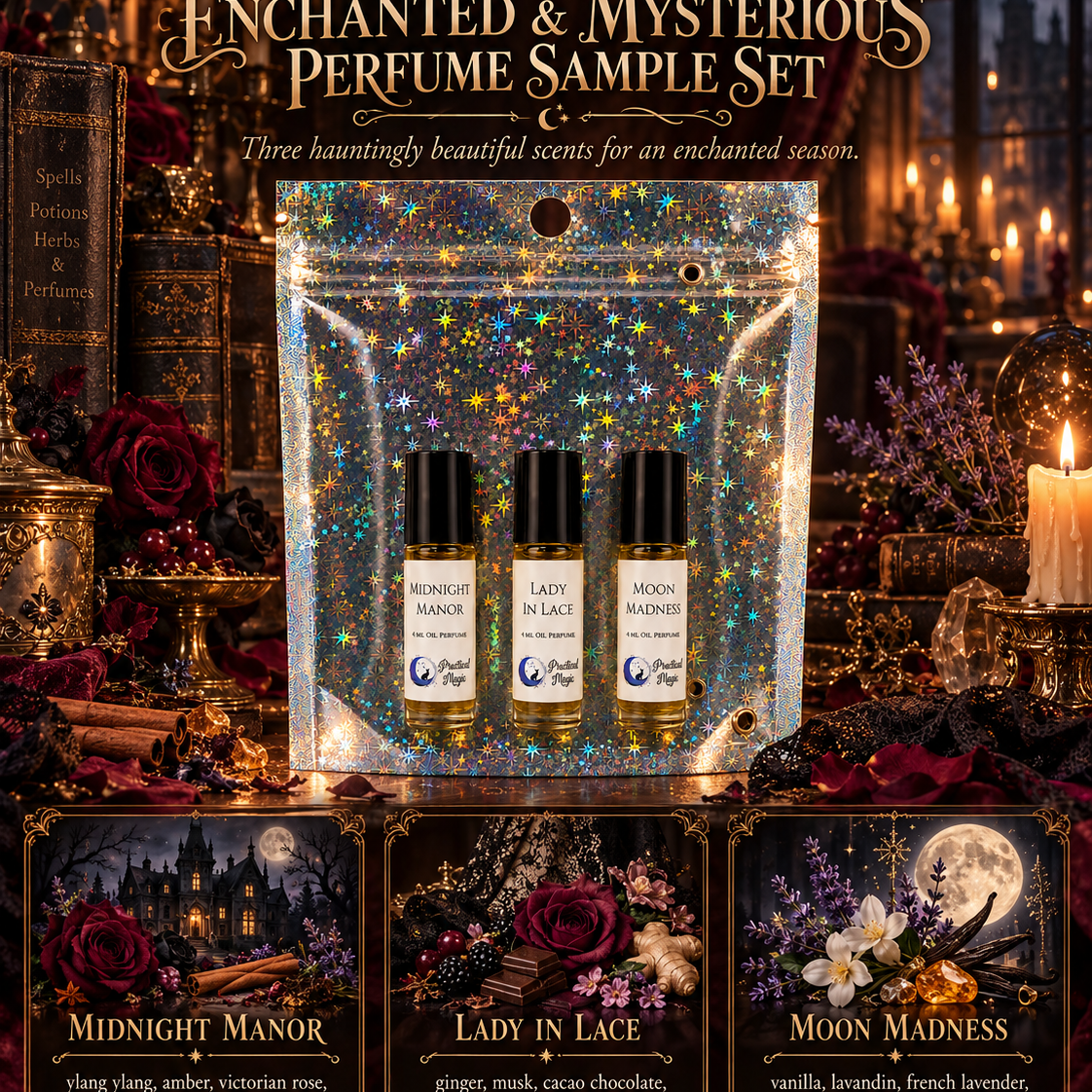 Seasonal sampler enchanted mysterious perfume oil roll-on with sweet floral musk and earthy scent, 10ml by Practical Magic