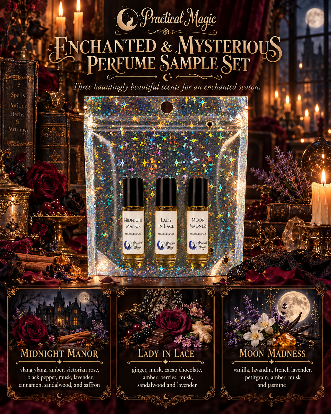 Seasonal sampler enchanted mysterious perfume oil roll-on with sweet floral musk and earthy scent, 10ml by Practical Magic