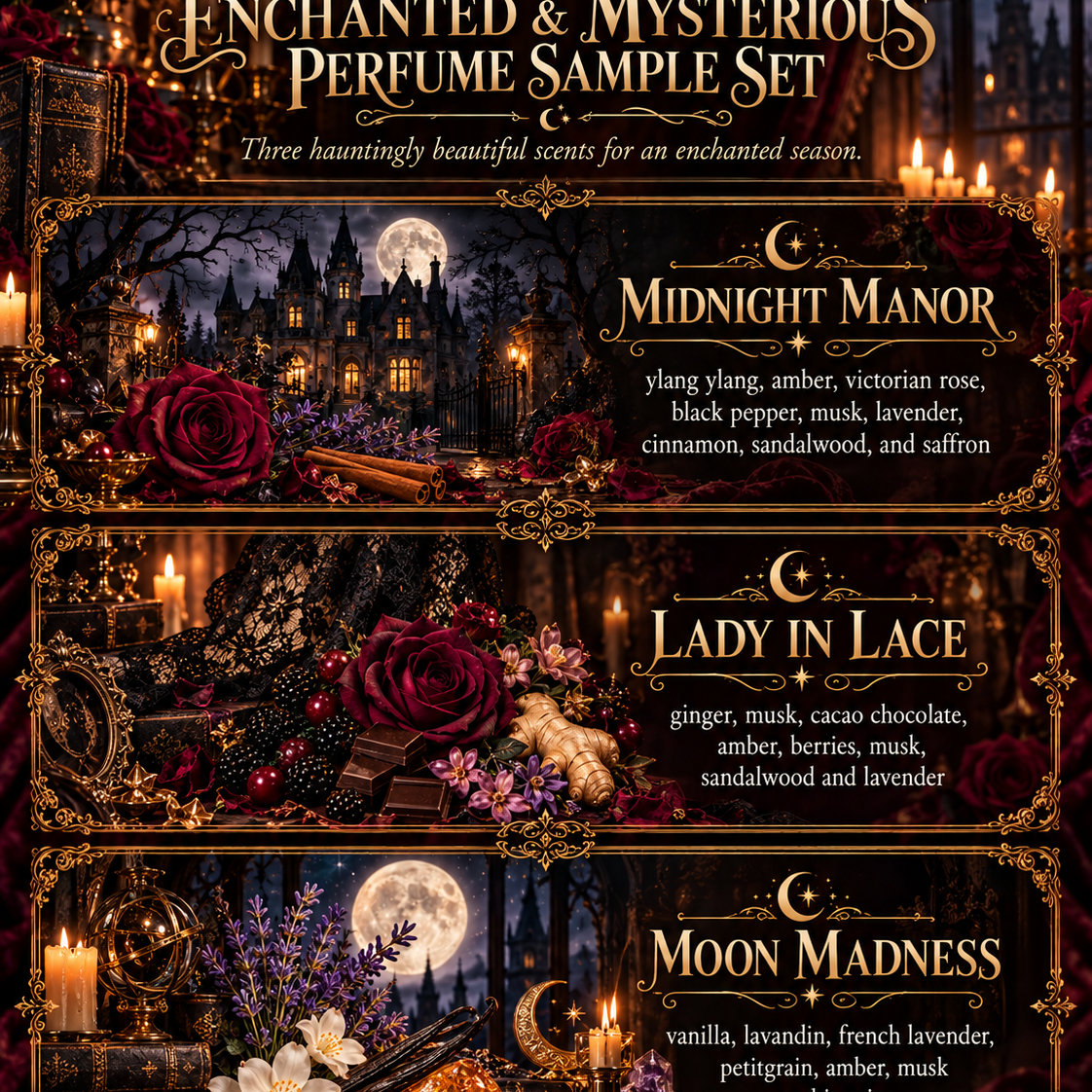 Seasonal sampler perfume oil by Practical Magic Store, 10ml roll-on with sweet floral musk scent, vegan, alcohol-free, long-lasting fragrance.
