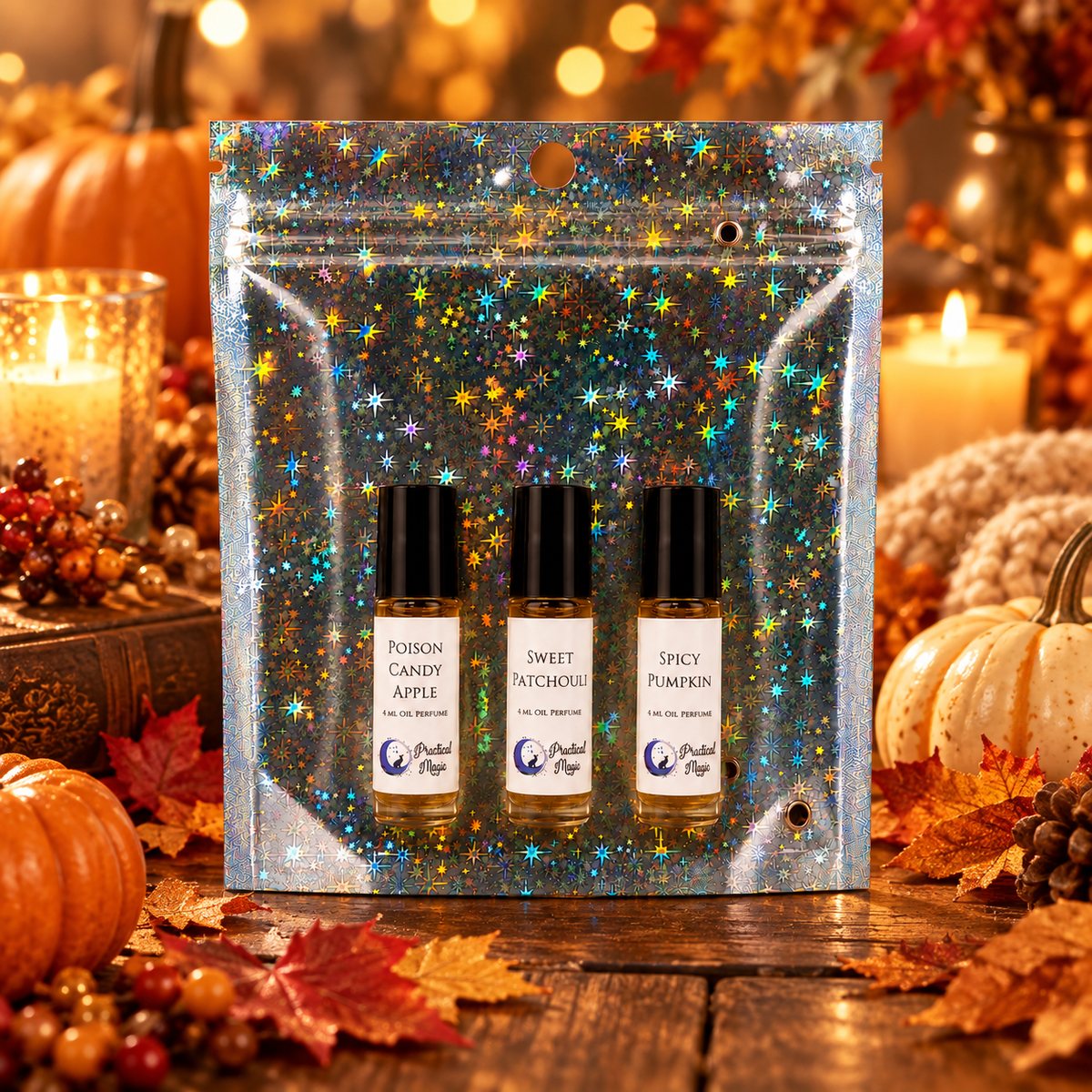Seasonal sampler of Practical Magic Store's classic fall perfume oil for women, with sweet floral musk scent in a 10ml roll-on.