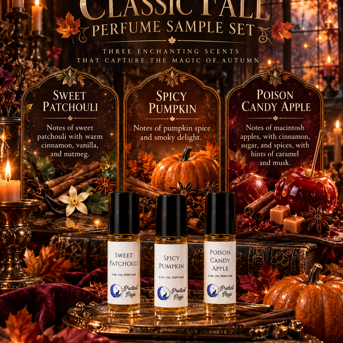 Seasonal sampler of Practical Magic's classic fall perfume oil for women, featuring sweet floral musk scent in a 10ml roll-on bottle.