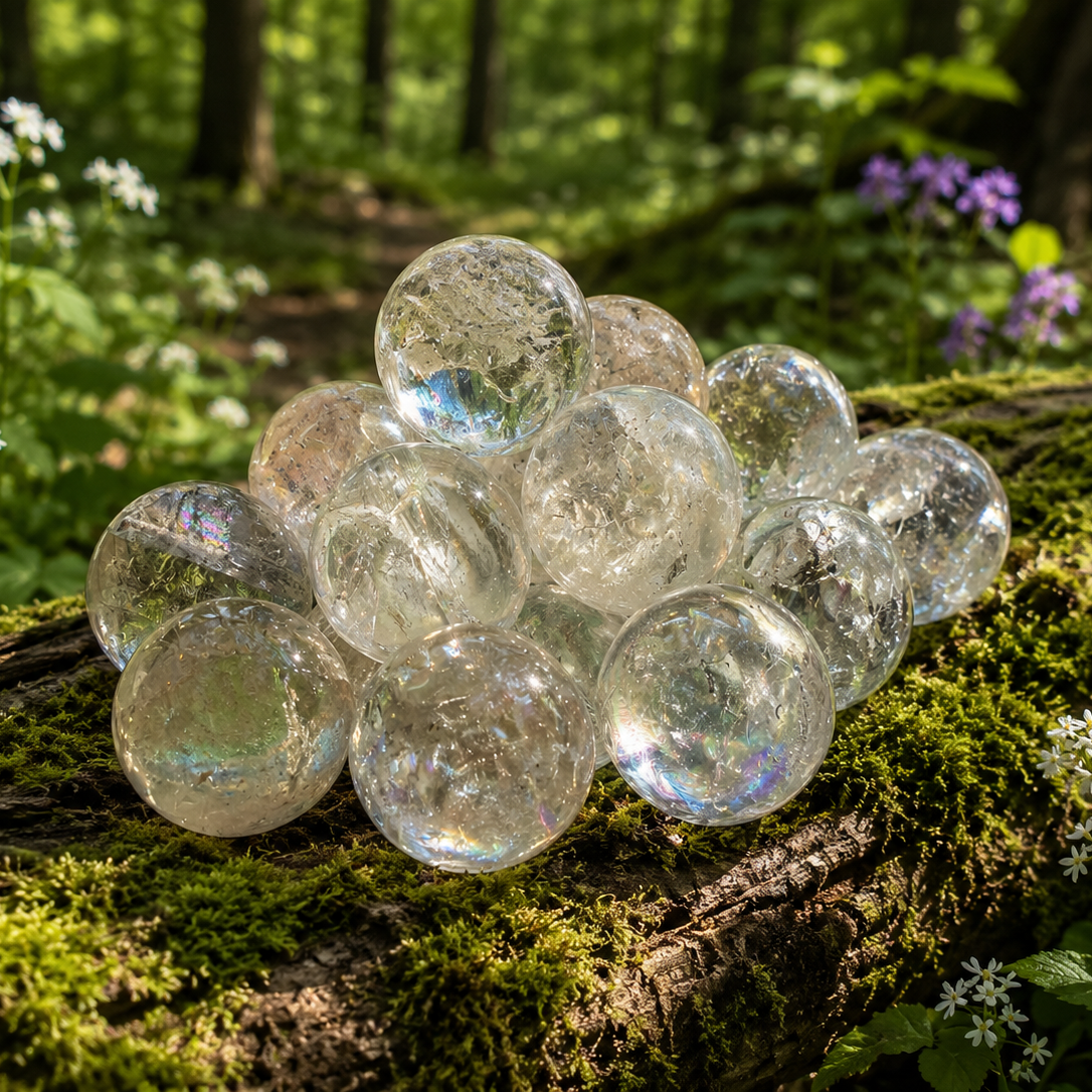 Clear crackle quartz mini sphere from 1 Practical Magic Store, showcasing a smooth, transparent crystal with crackle patterns.