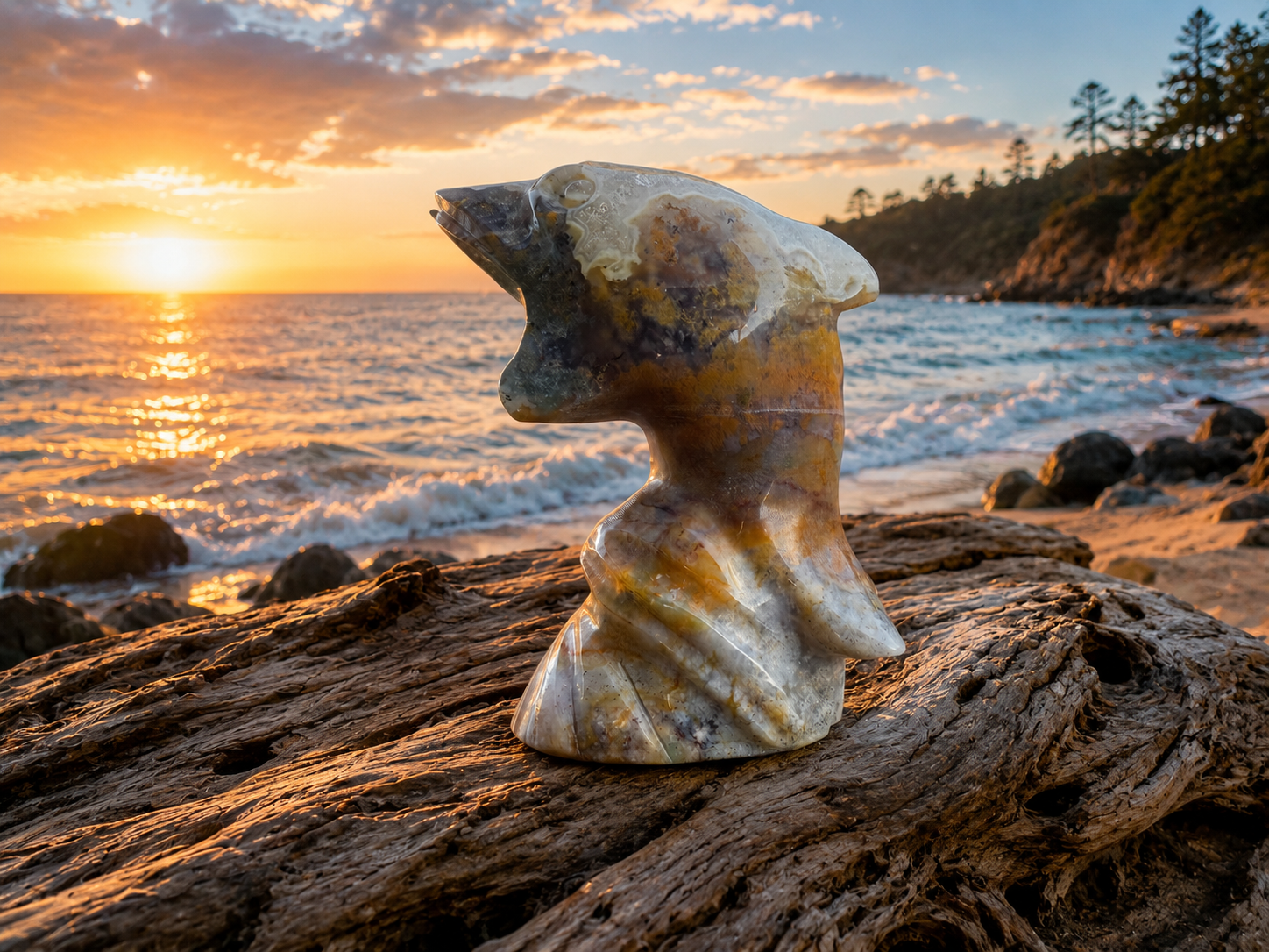 Polished moss agate dolphin figurine with vibrant green and grey natural stone colors, detailed dolphin shape for decorative display.