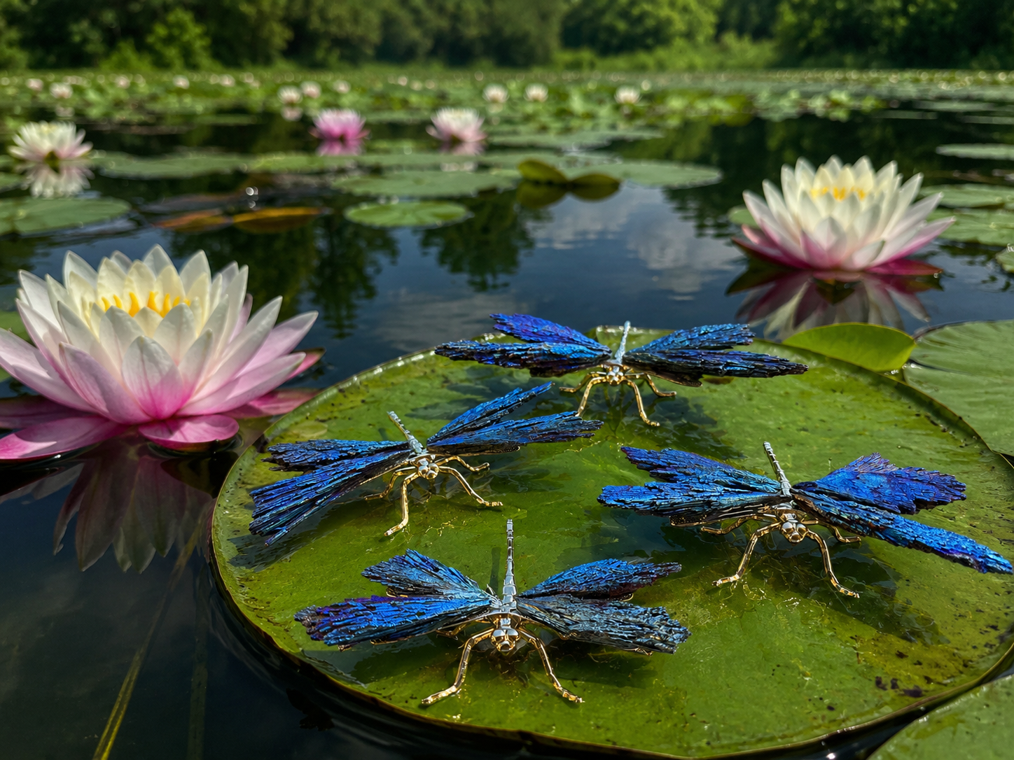 Colorful rainbow Kyanite dragonfly sculpture with detailed wings and body, showcasing vibrant hues and intricate craftsmanship.