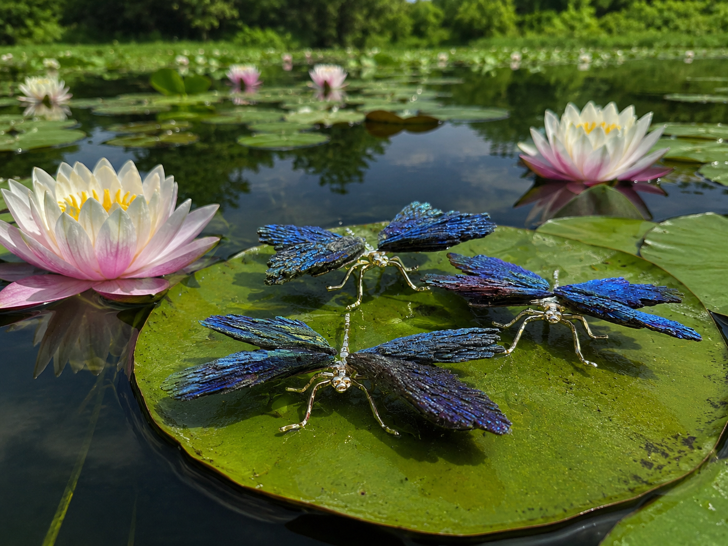 Colorful rainbow kyanite dragonfly gemstone sculpture with intricate details and vibrant hues, perfect for decorative or spiritual use.