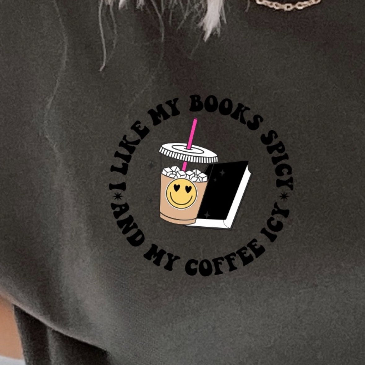 Spicy Books graphic T-shirt by Shop Karma Tees featuring a colorful book-themed design on a casual cotton tee.