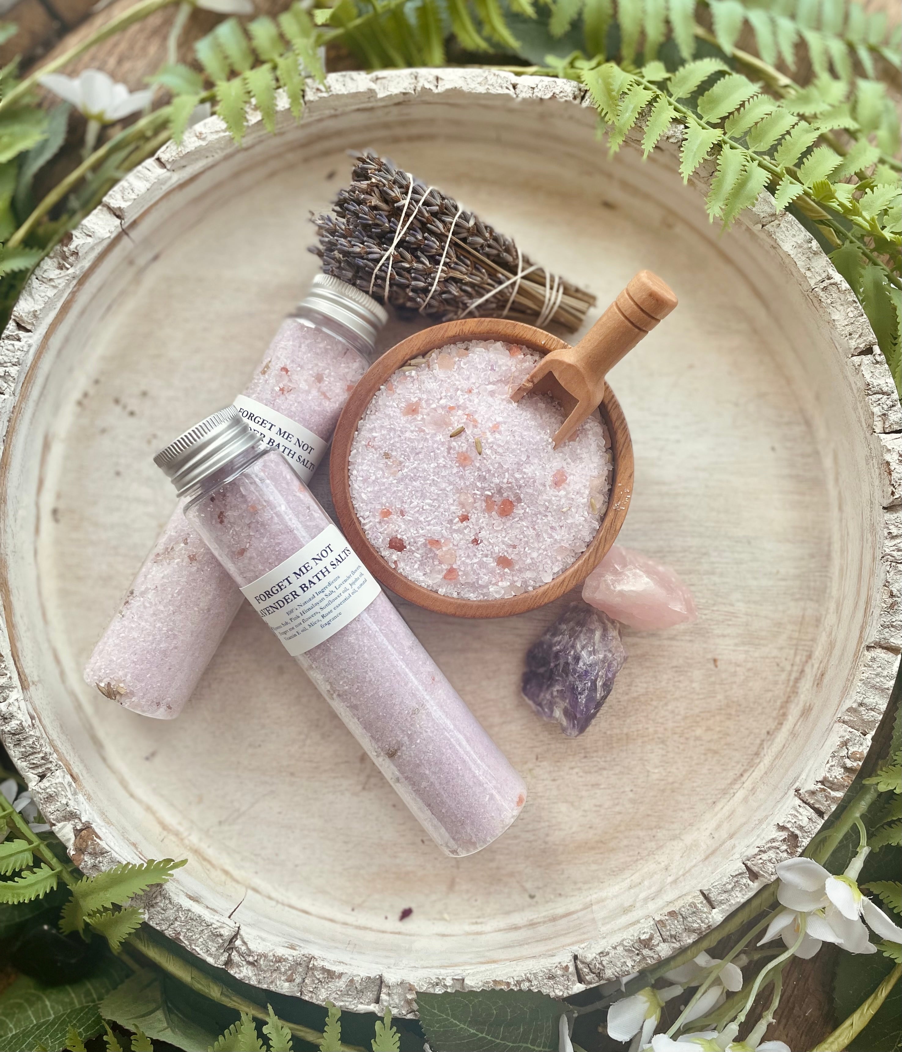 Sage & Stone Apothecary Forget Me Not Lavender Bath Salt tubes, calming body care and wellness product with lavender scent.