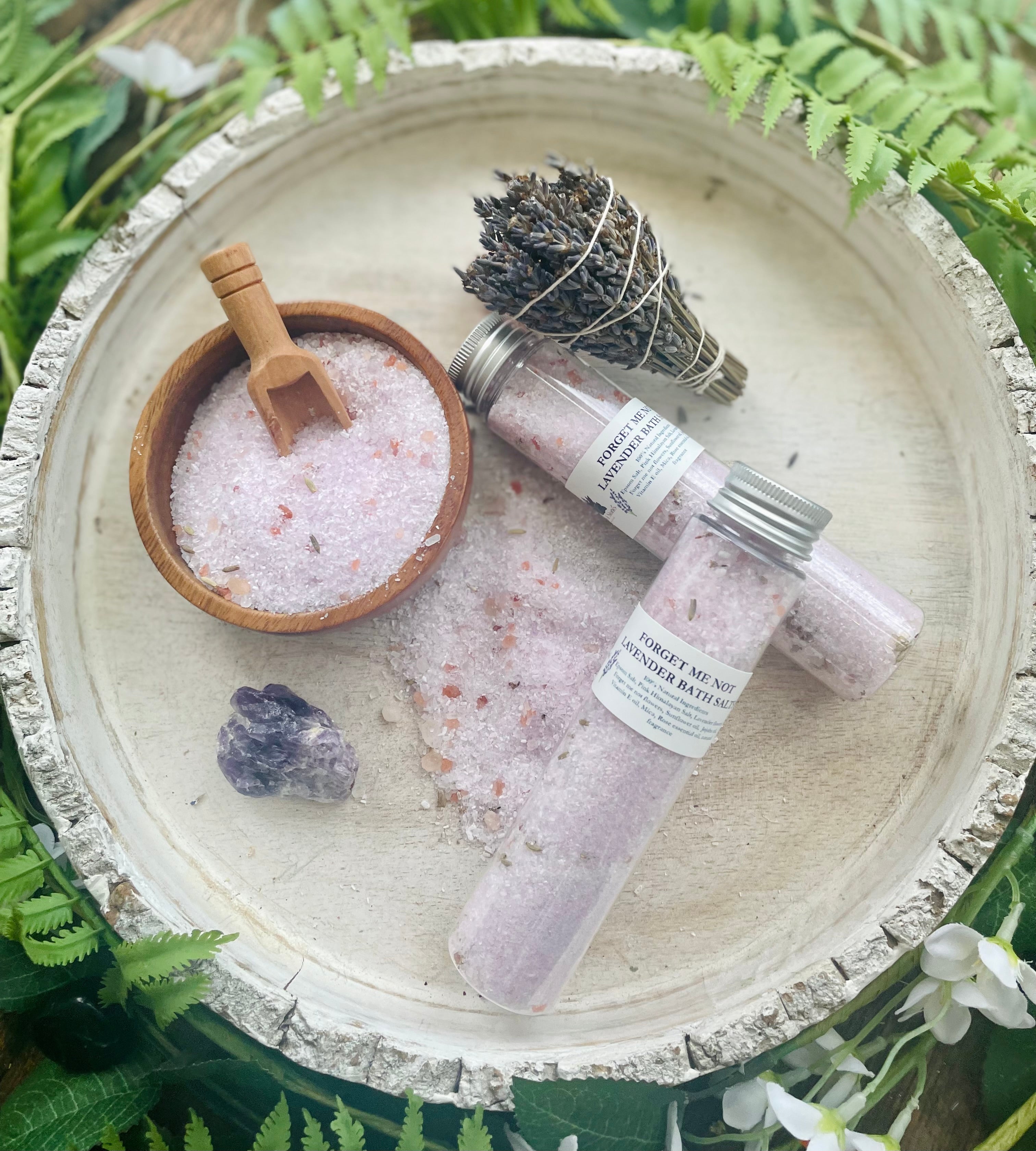 Forget Me Not Lavender Bath Salt tubes by Sage & Stone Apothecary, showing lavender-infused bath salts in glass tubes for relaxing body care.