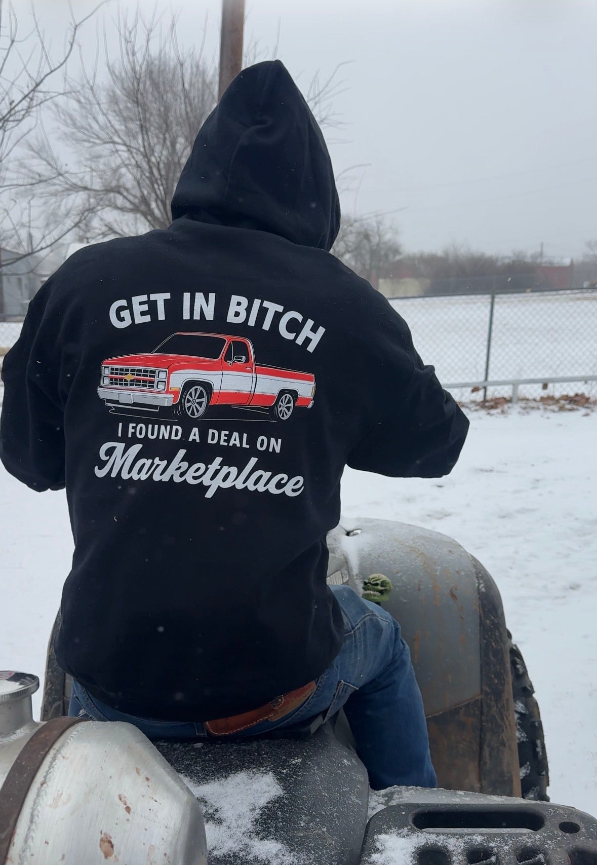 Shop Karma Tees graphic t-shirt with bold "Get In B*tch, I found a deal on Marketplace" print, casual fit, front view.