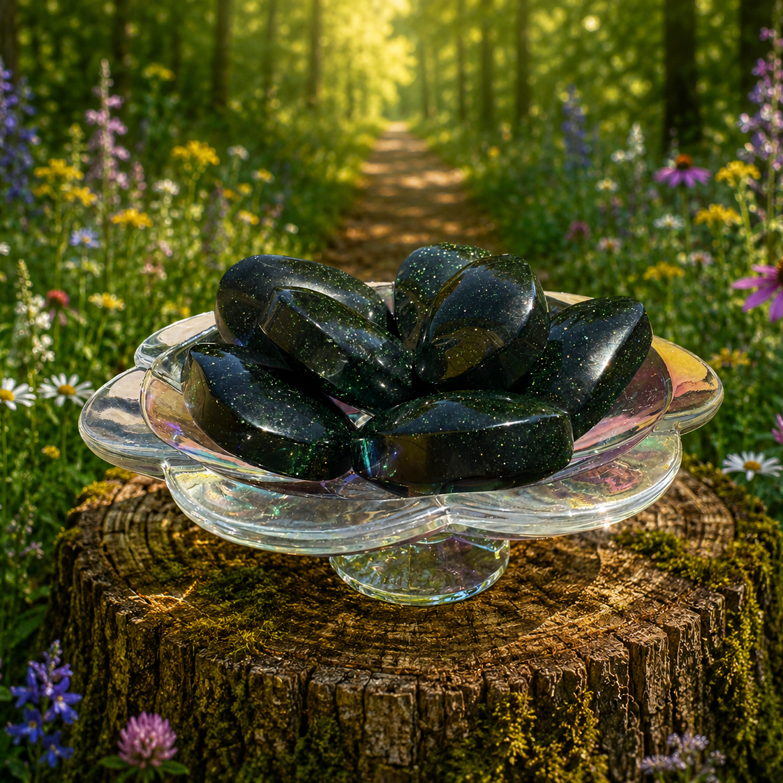 Green Goldstone palmstone featuring vibrant green and shimmering gold accents, showcasing polished smooth gemstone for meditation or display.