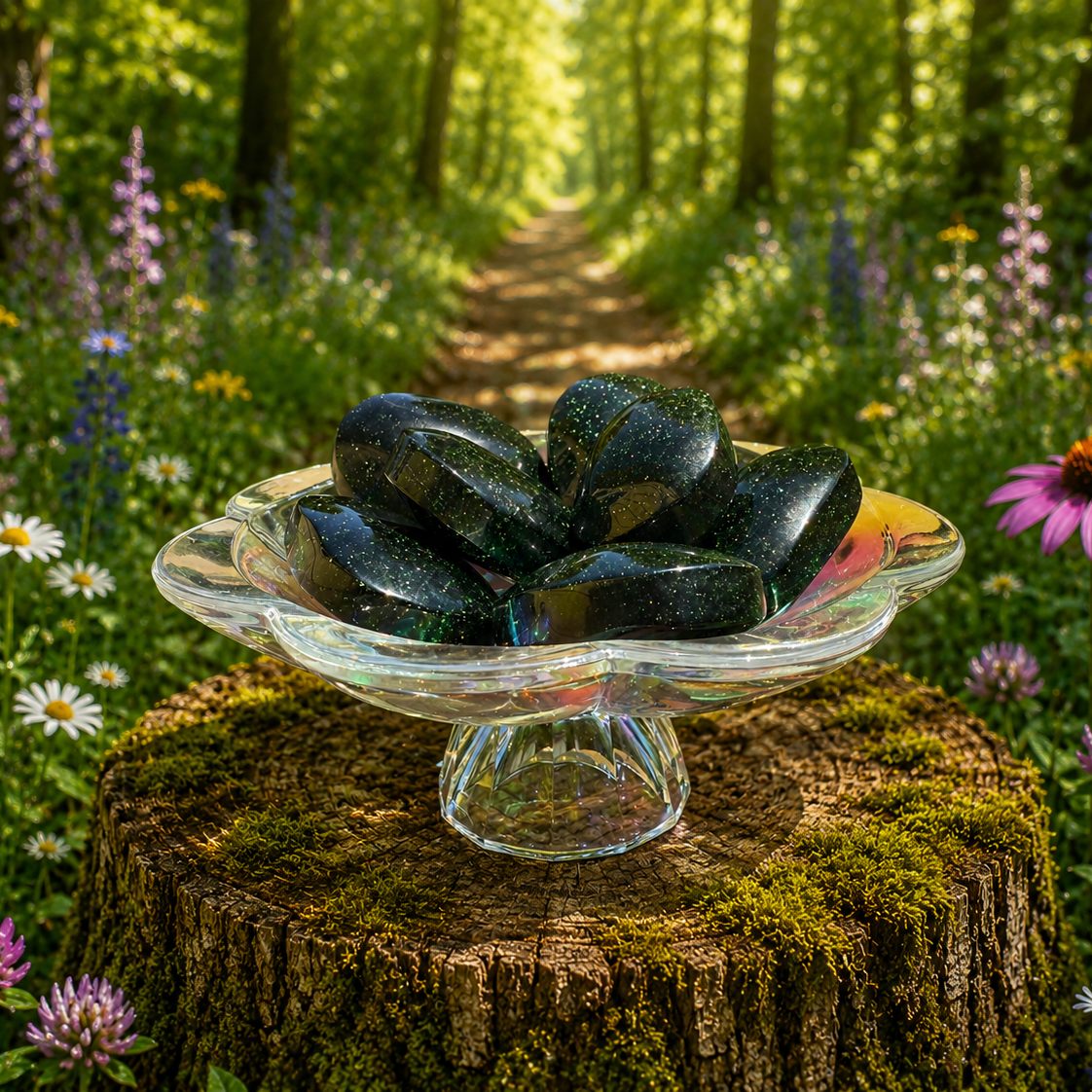 Green Goldstone palmstone from Practical Magic Store, smooth polished green and gold-colored gemstone with natural patterns.