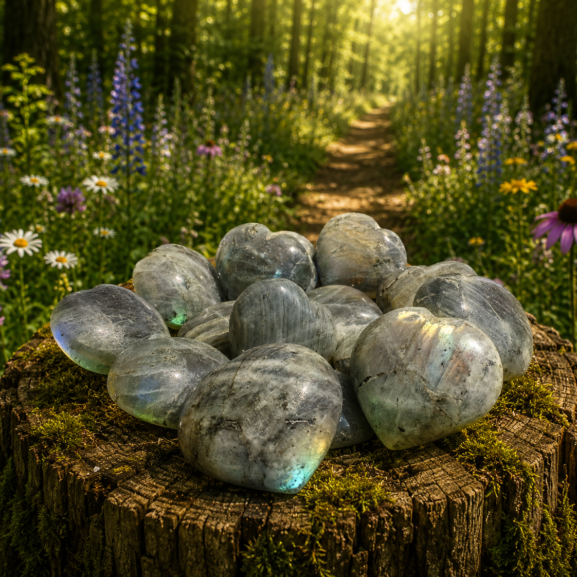 Labradorite heart-shaped gemstone from 1 Practical Magic Store with iridescent blue and green flashes on a smooth polished surface.