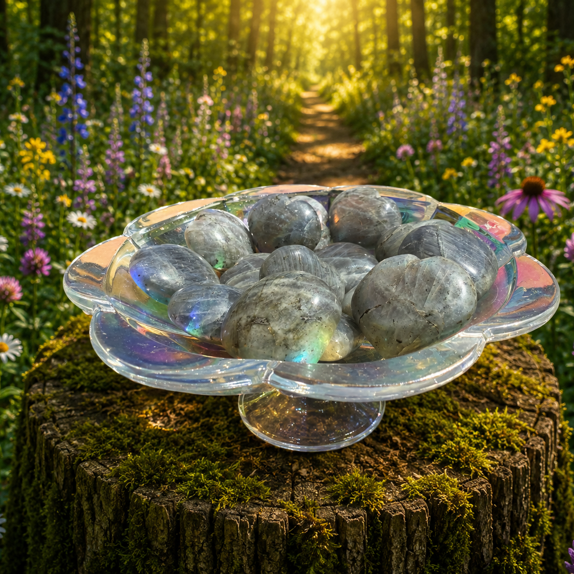 Labradorite heart-shaped gemstone from 1 Practical Magic Store, showcasing iridescent blue and green hues on a smooth polished surface.