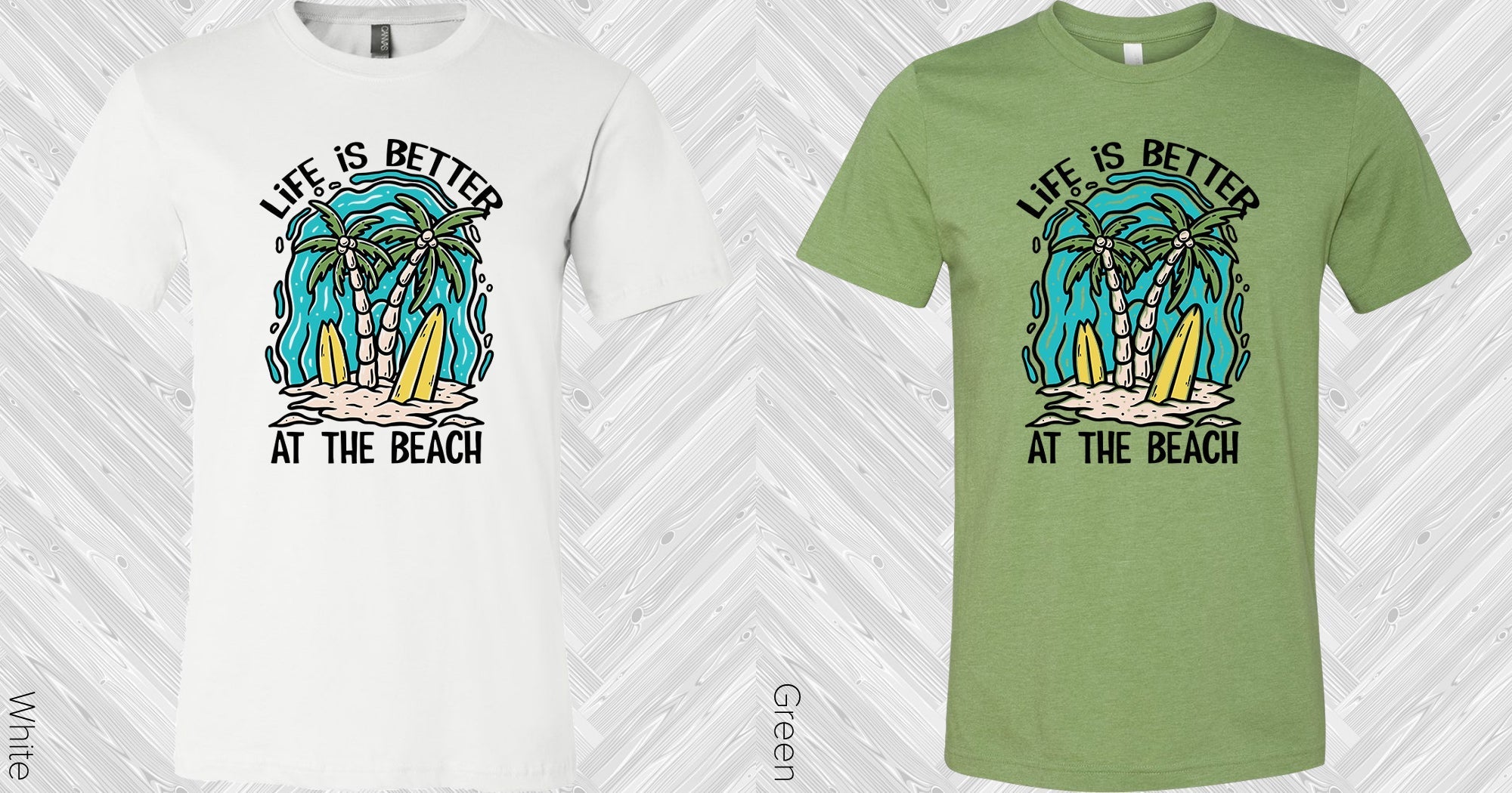 Beach-themed graphic tee by Anchored Grace Boutique featuring the phrase "Life is Better at the Beach" on a casual cotton t-shirt.