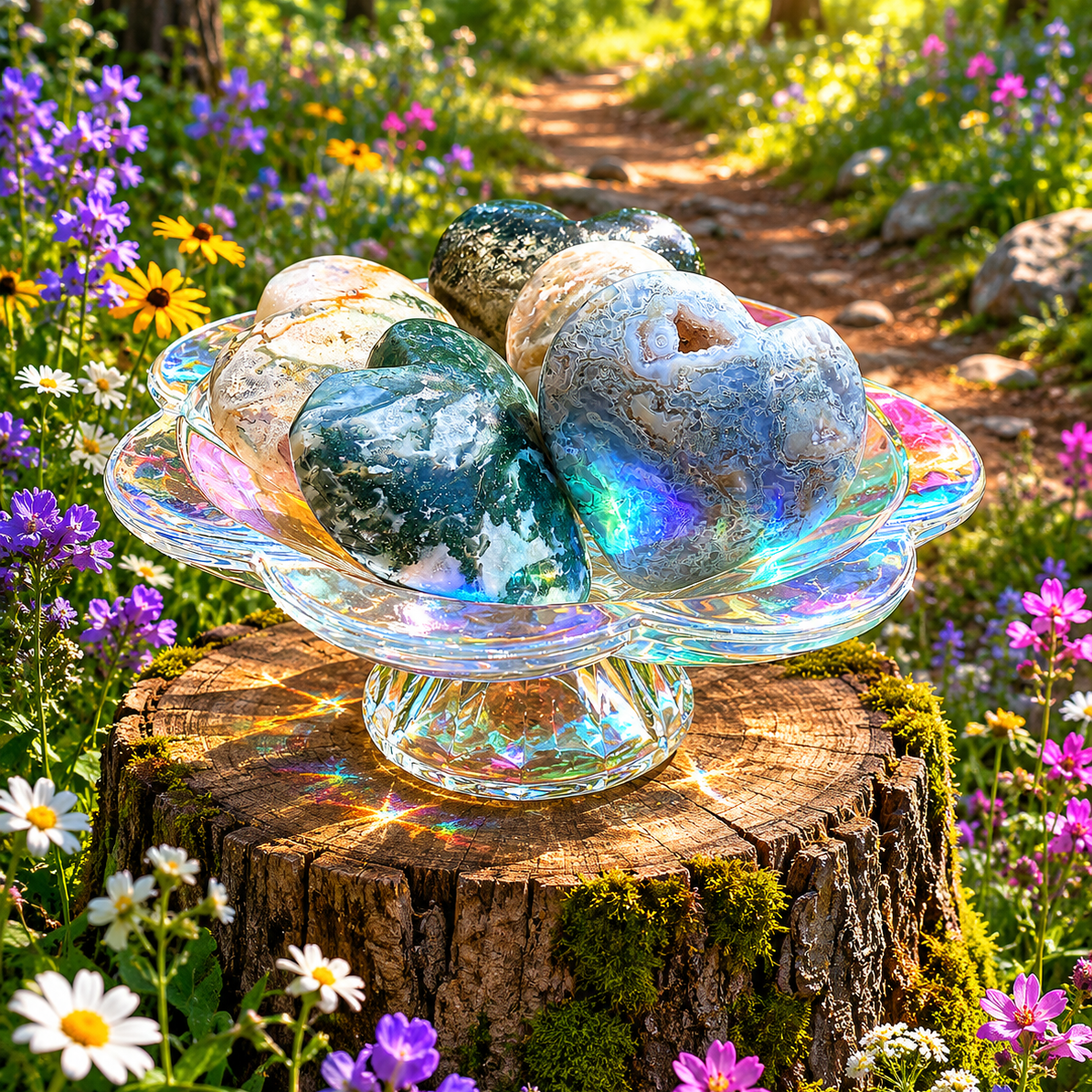 Polished moss agate heart gemstone with green and brown natural patterns, showcasing smooth, shiny surface and unique earthy appearance.